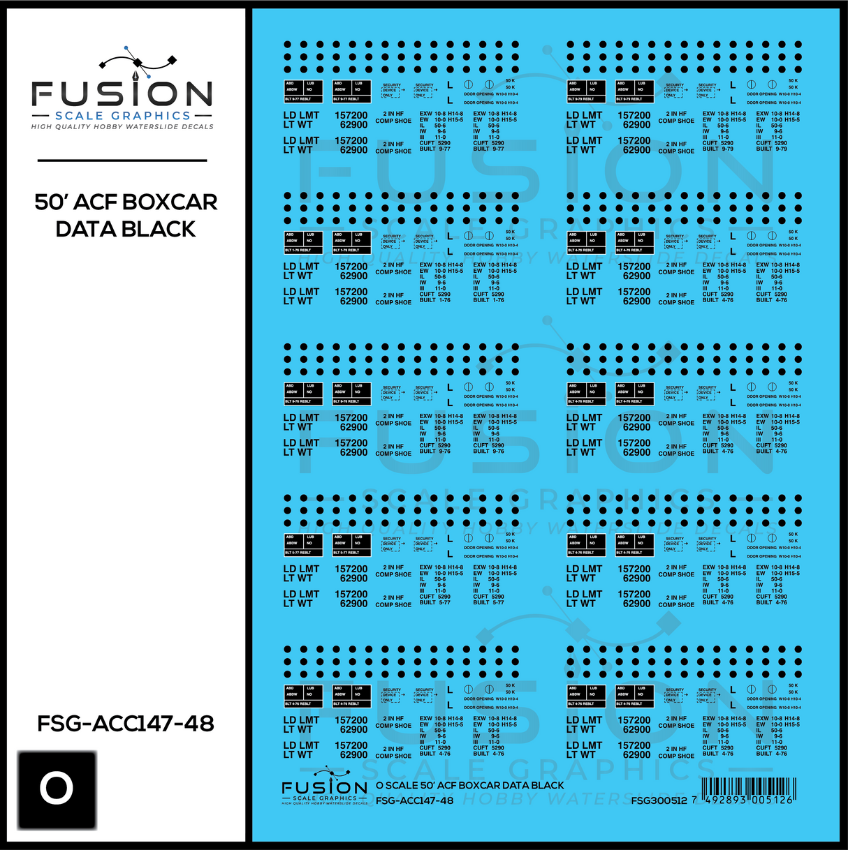 O Scale 50' ACF Boxcar Data Sheet Black Decal Set