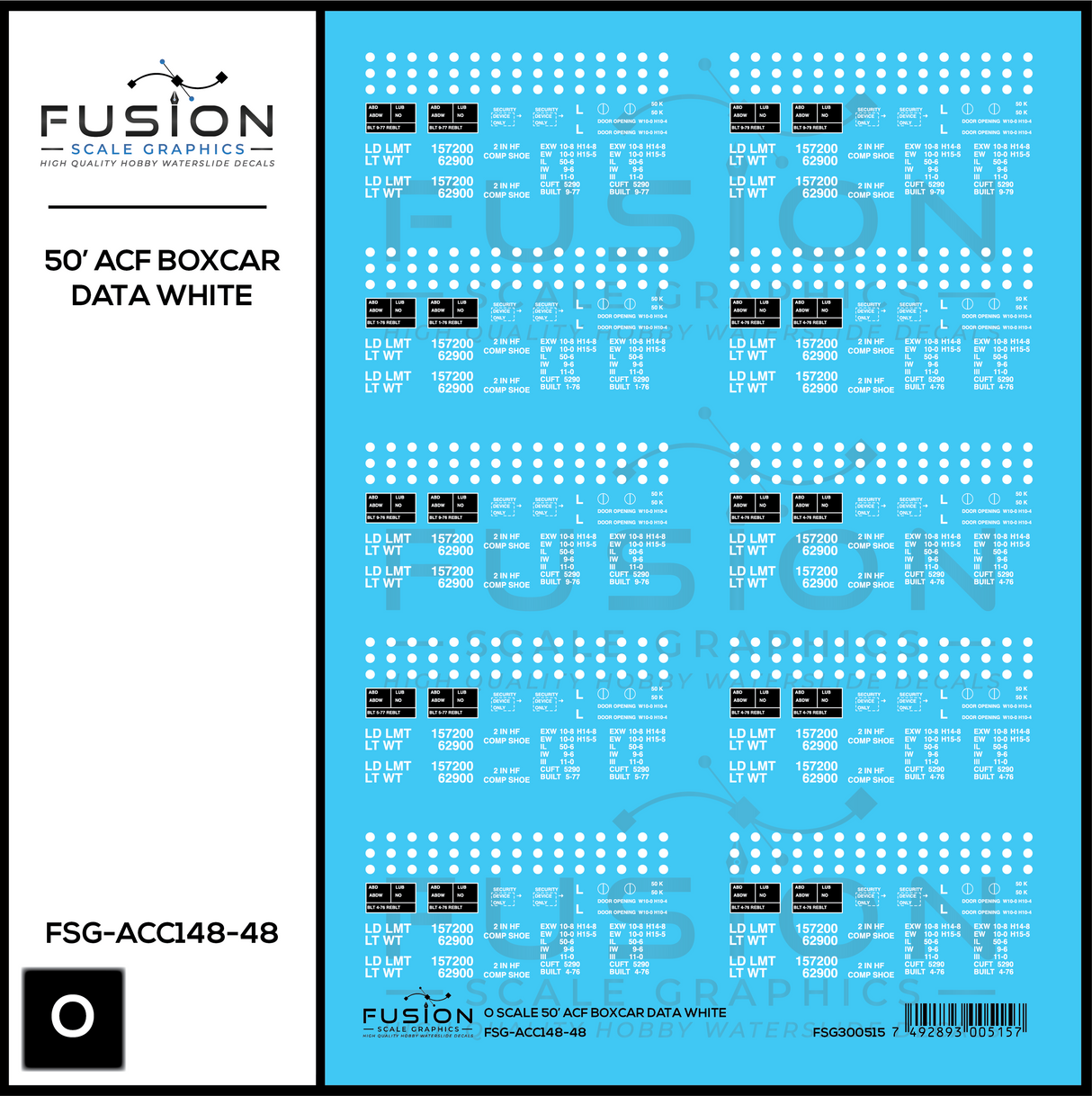 O Scale 50' ACF Boxcar Data Sheet White Decal Set
