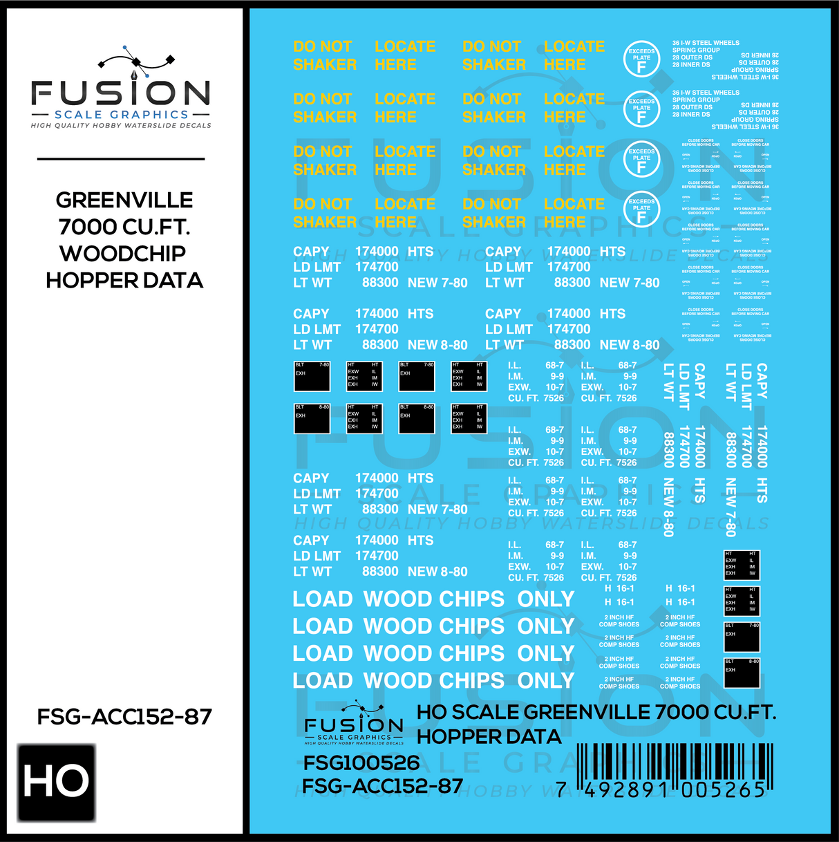 HO Scale Greenville 7000 Cu. Ft. Woodchip Hopper Data Decal Set