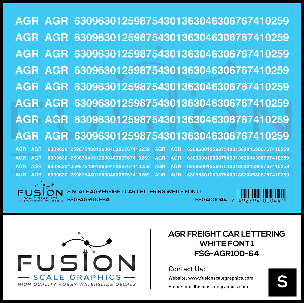 S Scale AGR Freight Car Lettering White Font 1 Decal Set