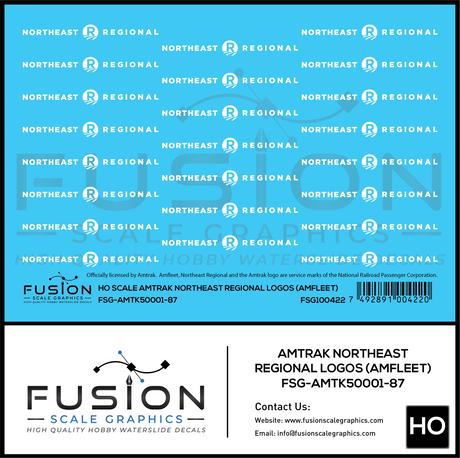 HO Scale Amtrak Northeast Regional Amfleet Logos Decal Set | Fusion Scale Graphics
