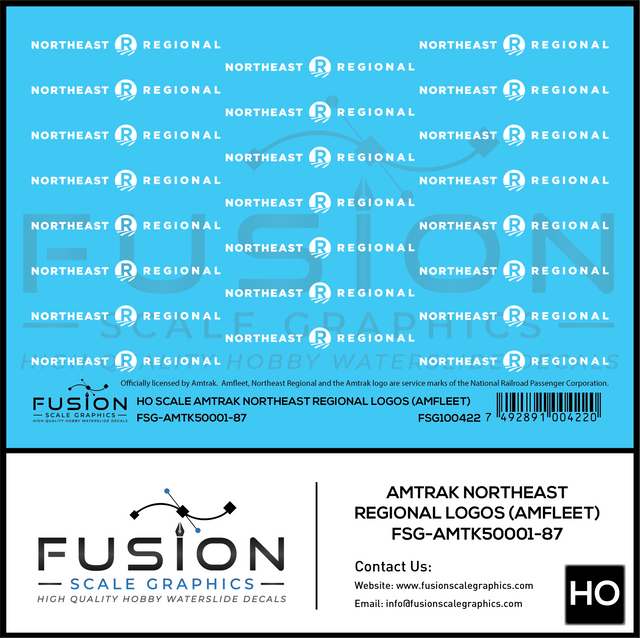 HO Scale Amtrak Northeast Regional Amfleet Logos Decal Set | Fusion Scale Graphics