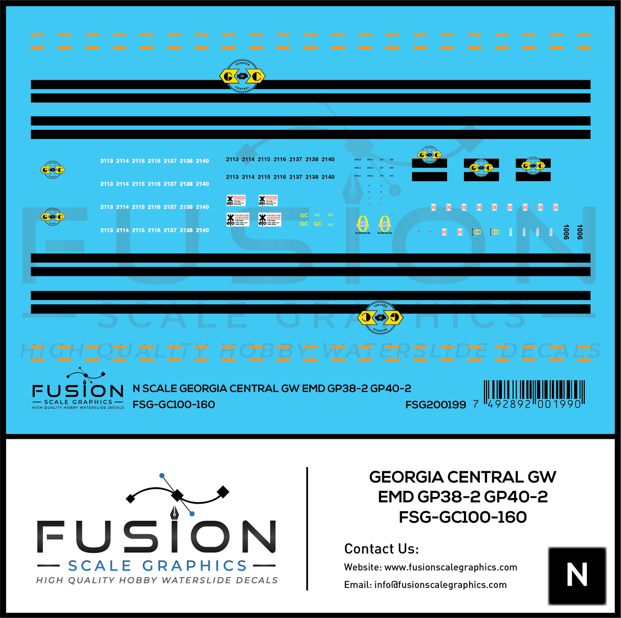 N Scale Georgia Central GW EMD GP38-2 & GP40-2 Locomotives Decal Set