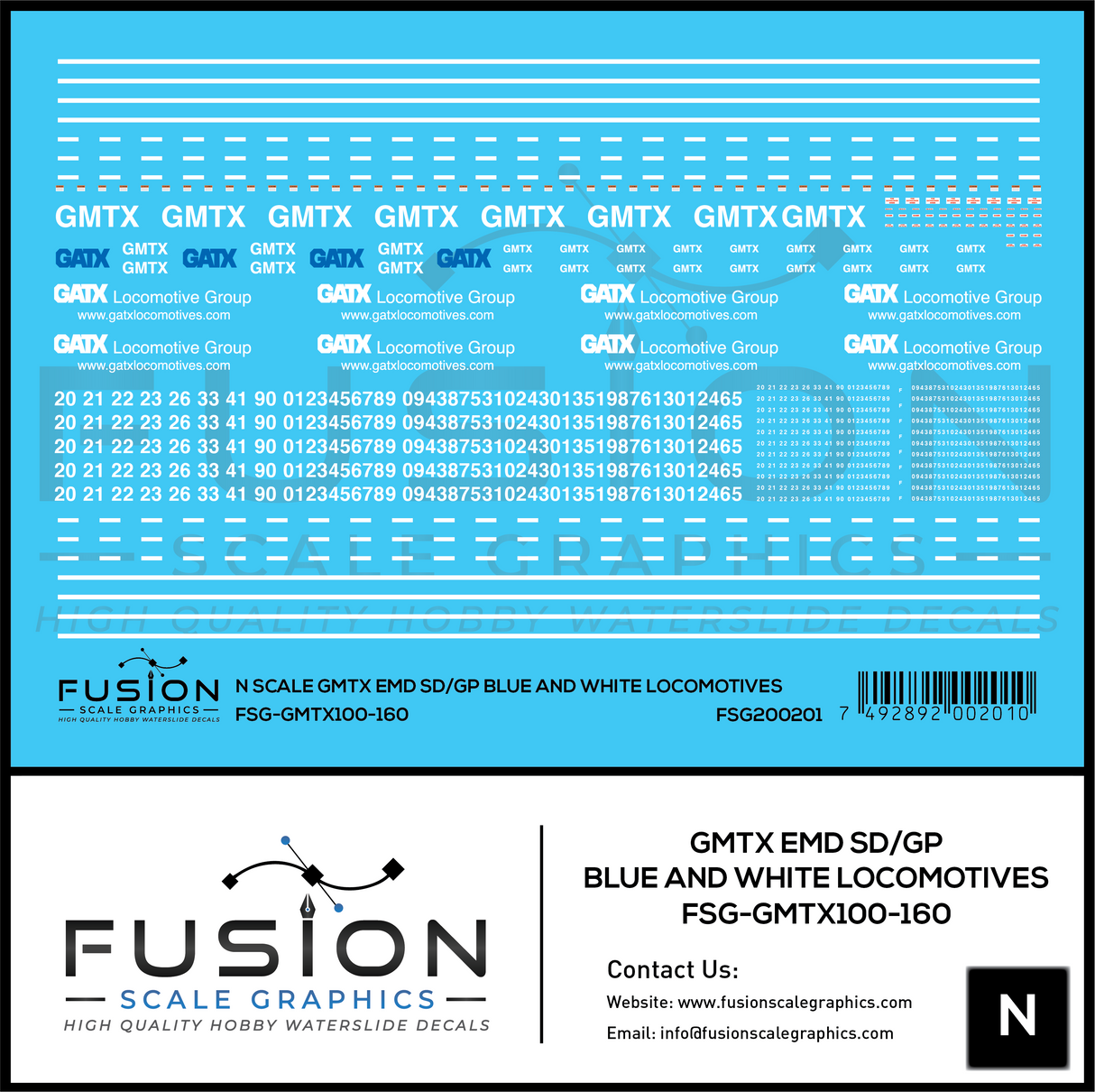 N Scale GMTX EMD SD/GP Blue and White Locomotives Decal Set