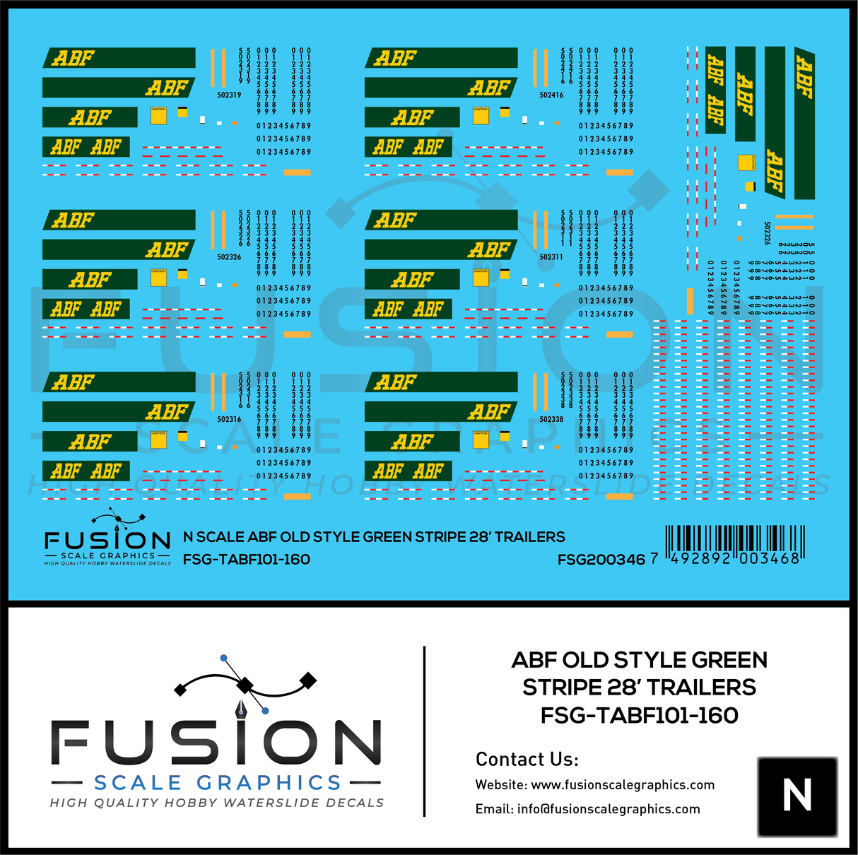 N Scale ABF Freight Old Style Green Stripe 28' Truck Trailers Decal Set