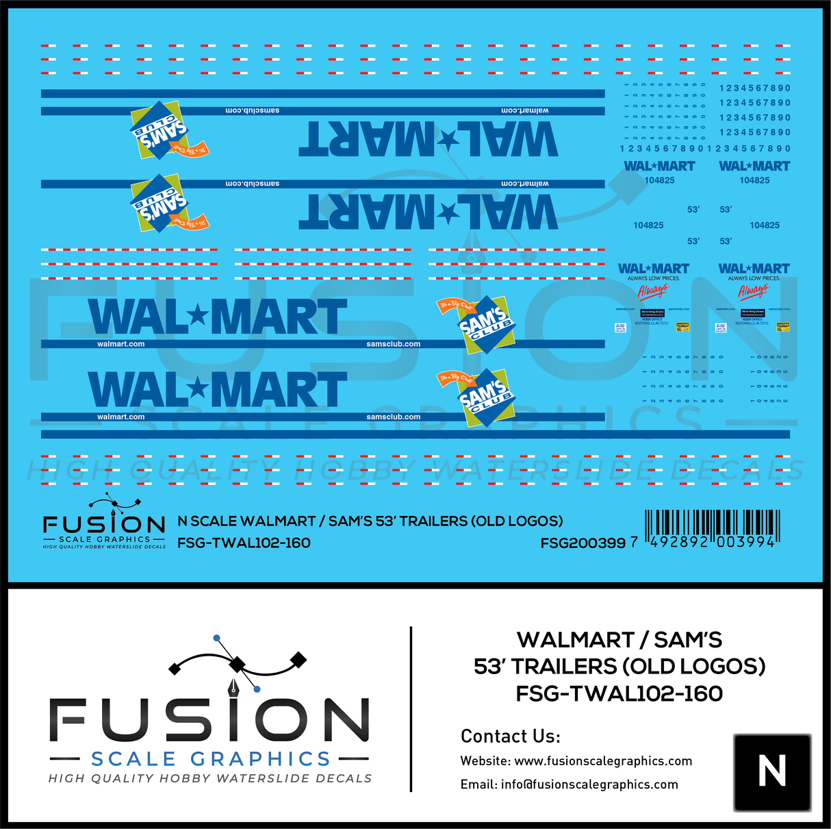 N Scale Walmart / Sam's Club Old Logo 53' Trailers Decal Set