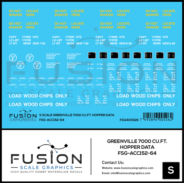 S Scale Greenville 7000 Cu. Ft. Woodchip Hopper Data Decal Set
