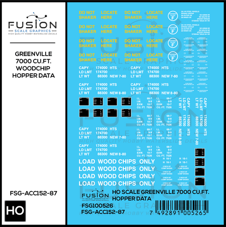 HO Scale Greenville 7000 Cu. Ft. Woodchip Hopper Data Decal Set
