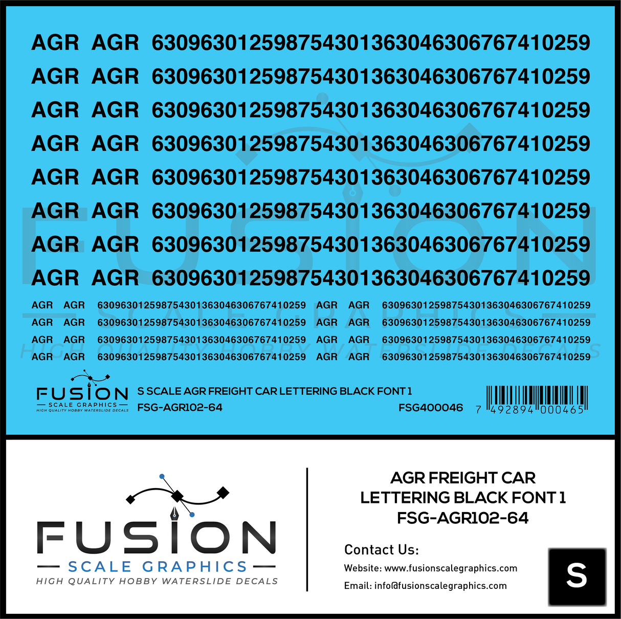 S Scale AGR Freight Car Lettering Black Font 1 Decal Set