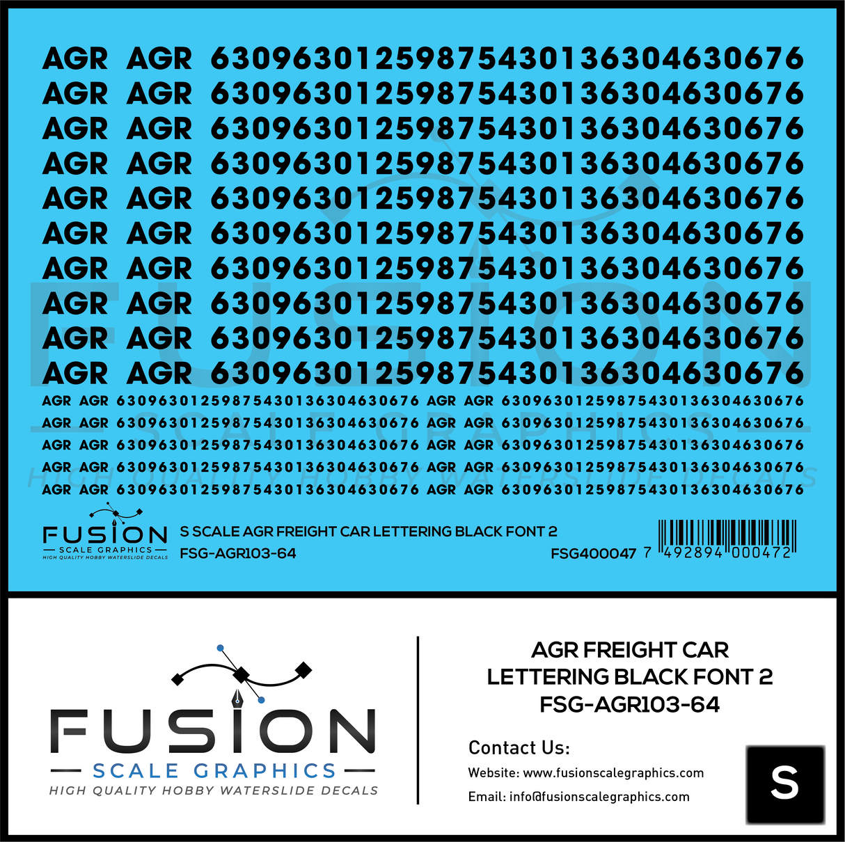 S Scale AGR Black Freight Car Lettering Decal Set Font 2