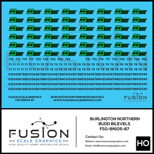 HO Scale Burlington Northern Green/Black Logo Budd Car Decal Set