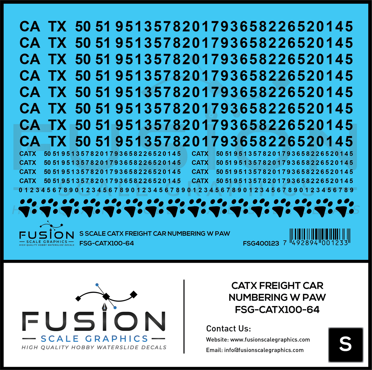 S Scale CATX Freight Car Numbering Decal Set with Paw Print