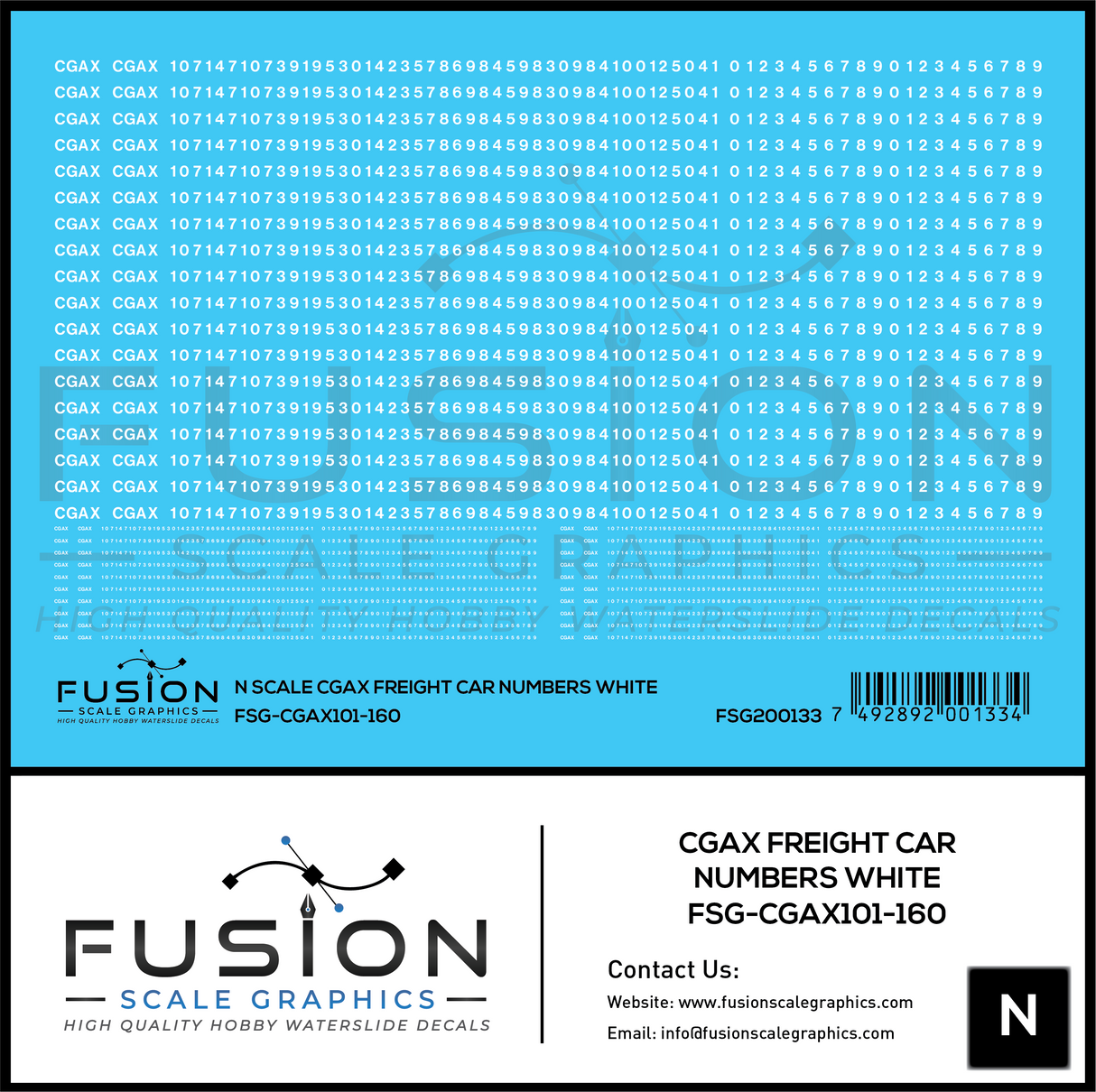 N Scale White CGAX Freight Car Numbering Decal Set
