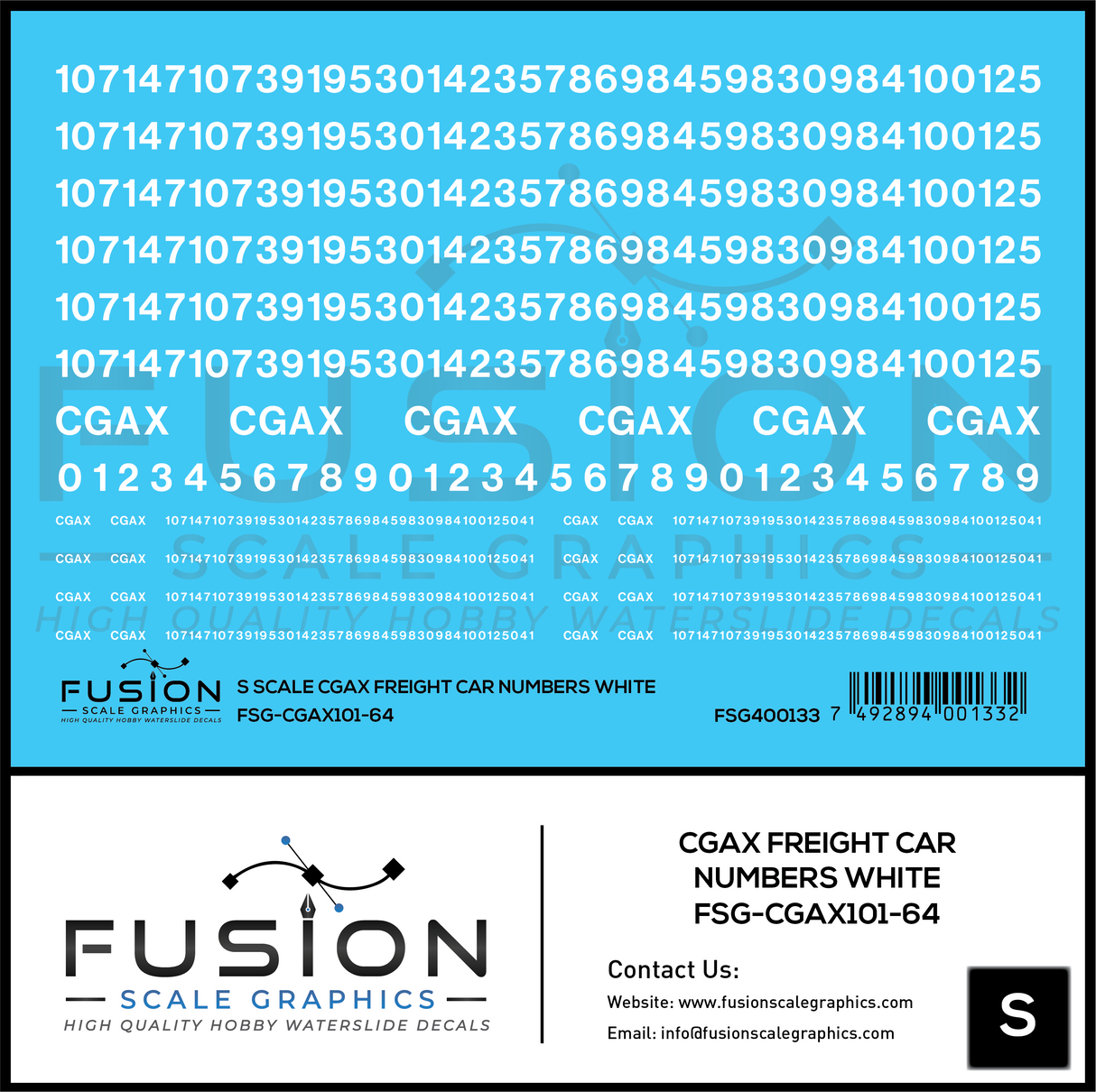 S Scale White CGAX Freight Car Numbering Decal Set