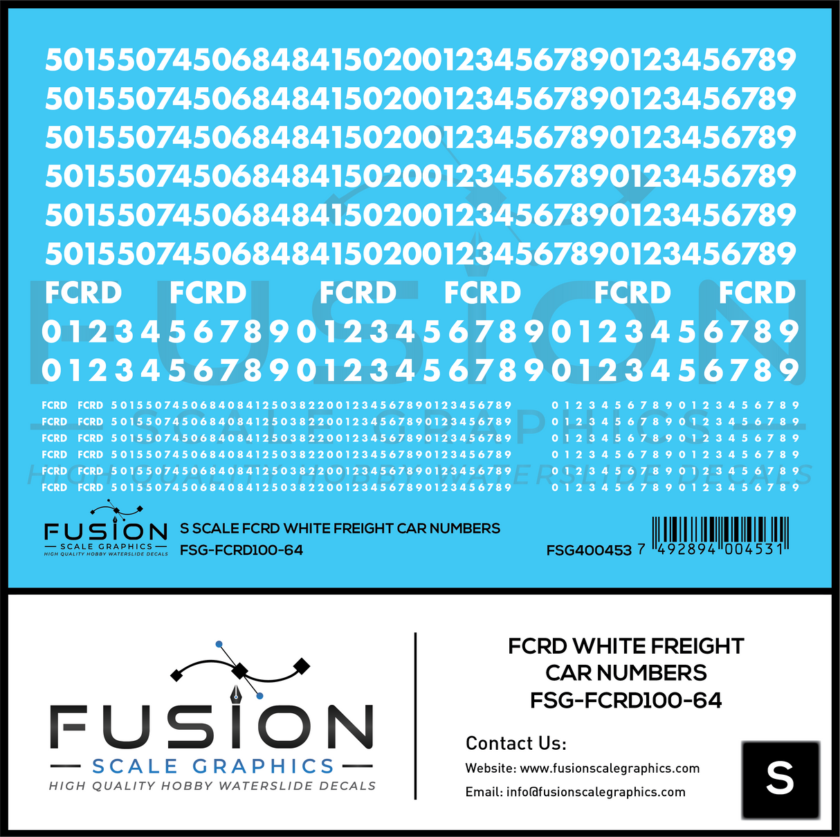 S Scale First Coast FCRD White Freight Car Numbers Decal Set