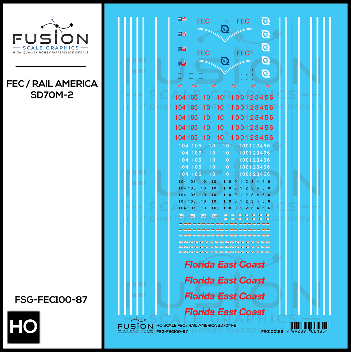 HO Scale Florida East Coast/Rail America EMD SD70M-2 Locomotive Decal Set