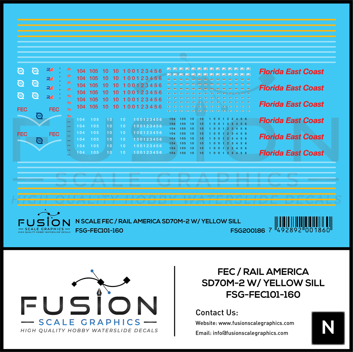 N Scale Florida East Coast/Rail America EMD SD70M-2 W/ Yellow Sill Locomotive Decal Set