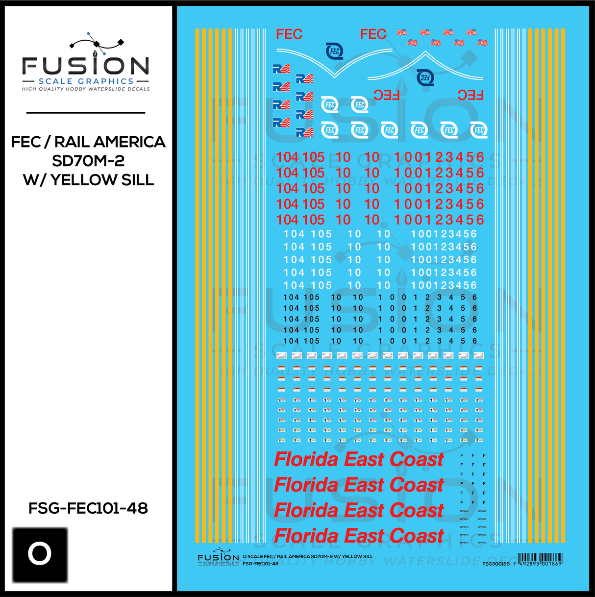 O Scale Florida East Coast/Rail America EMD SD70M-2 W/ Yellow Sill Locomotive Decal Set