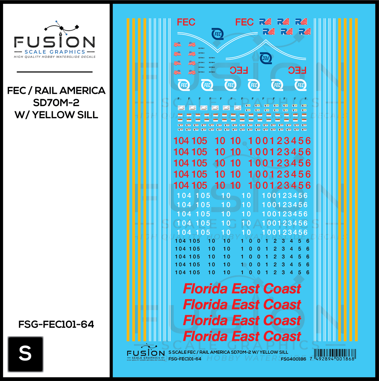 S Scale Florida East Coast/Rail America EMD SD70M-2 W/ Yellow Sill Locomotive Decal Set