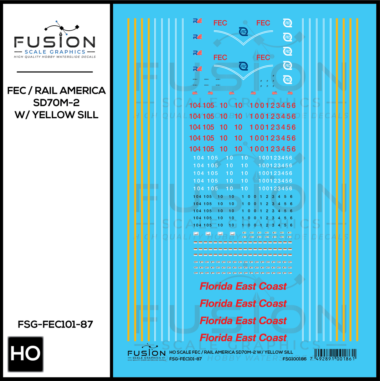 HO Scale Florida East Coast RA SD70M-2 Locomotives W/ Yellow Sill