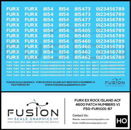 HO Scale FURX Ex Rock Island Acf 4600 Patch Numbers V1 Decal Set