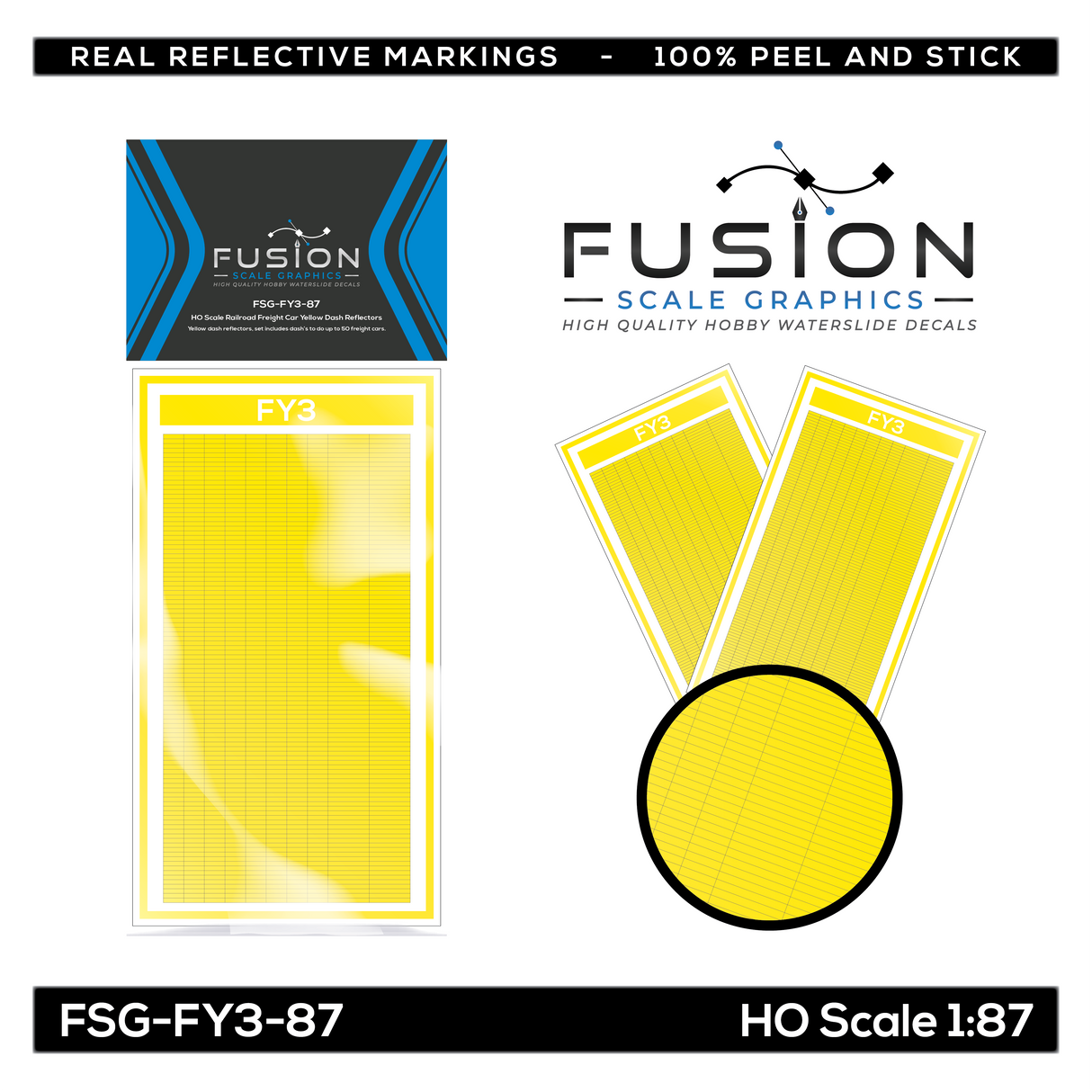 HO Scale Railroad Freight Car Bright Yellow Reflective Markings Set - Smokebox Graphics Discontinued 3 Pack Reflectors  Fusion Scale Graphics