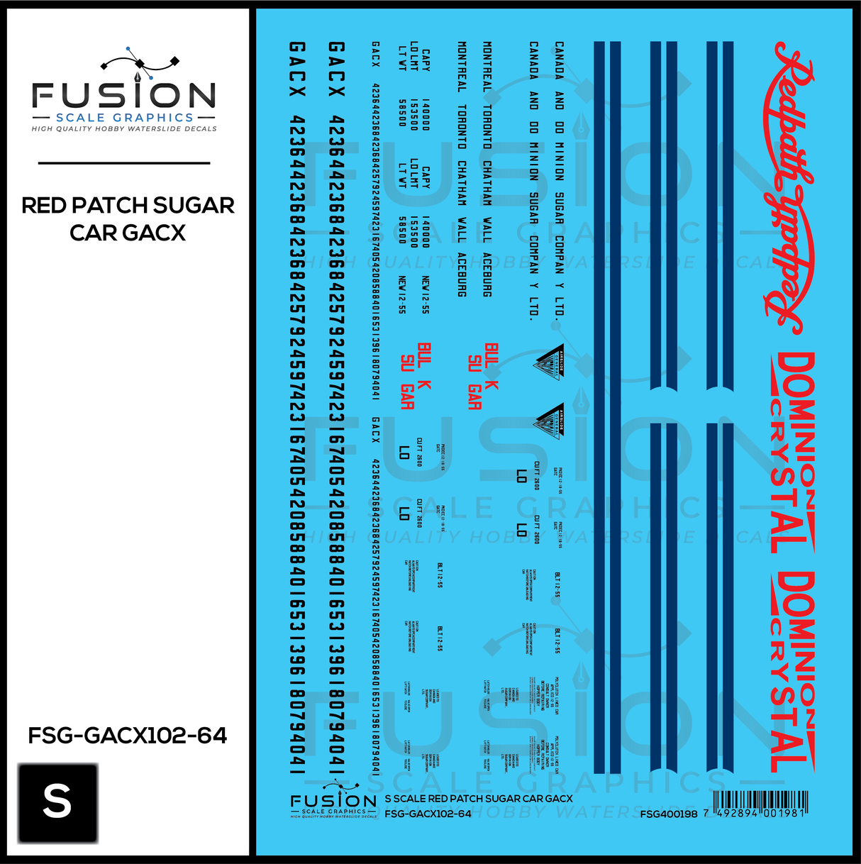 S Scale Redpath GACX Sugar Car Decal Set