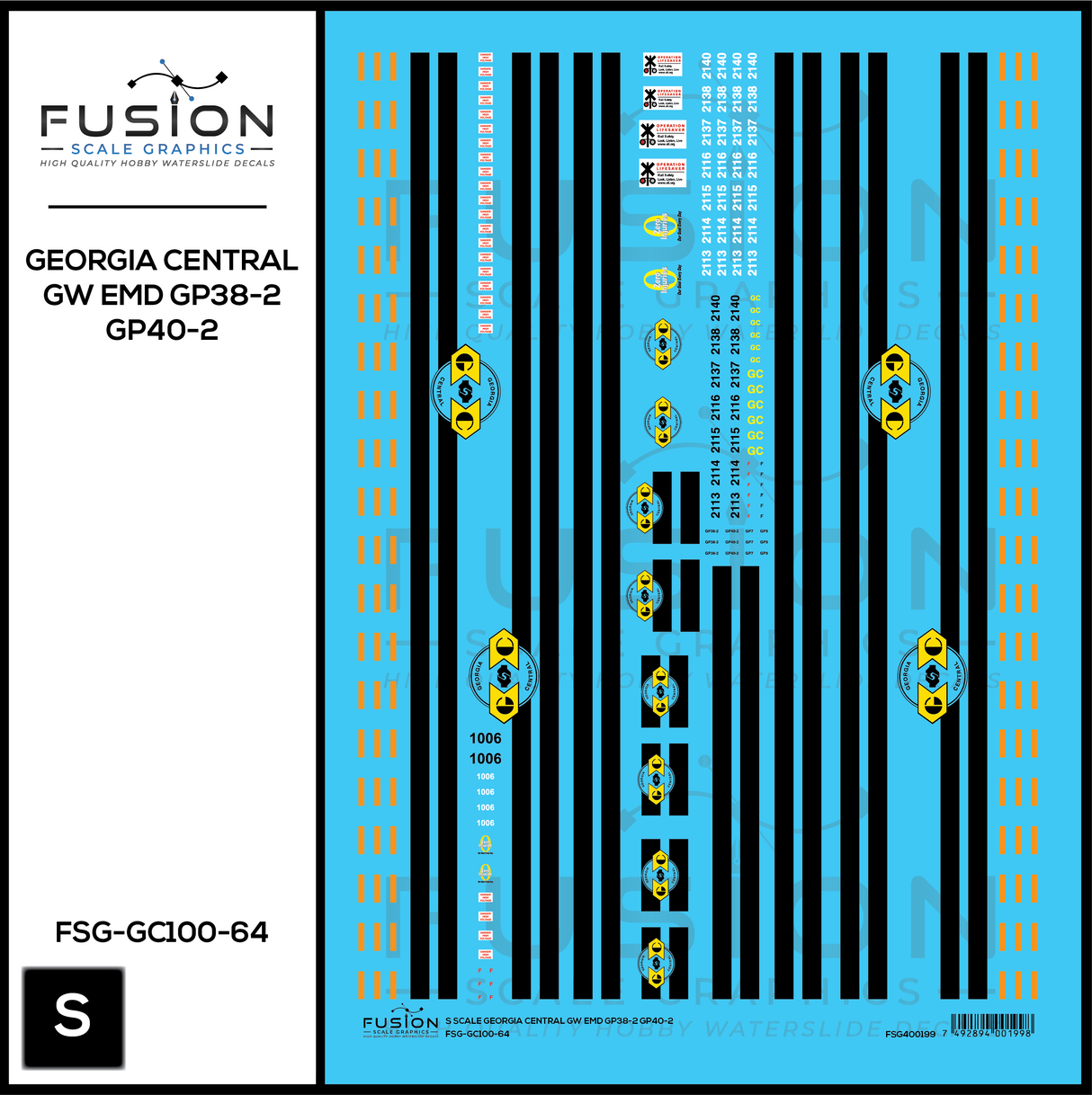 S Scale Georgia Central GW EMD GP38-2 & GP40-2 Locomotives Decal Set