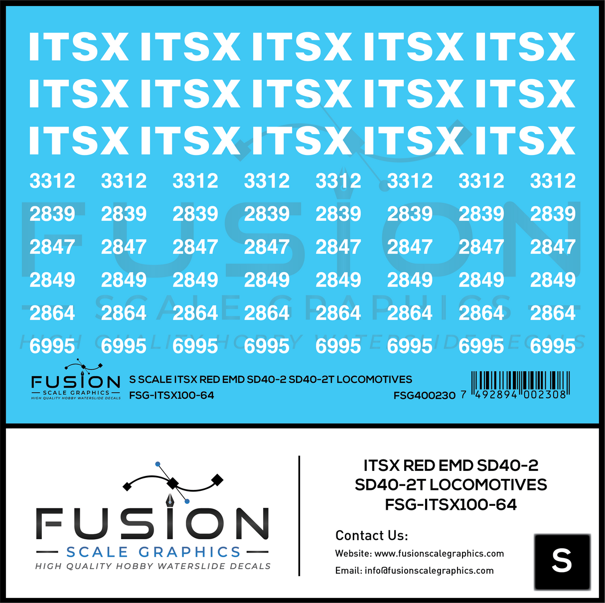 S Scale ITSX Red EMD SD40-2 / SD40-2T Locomotives Decal Set