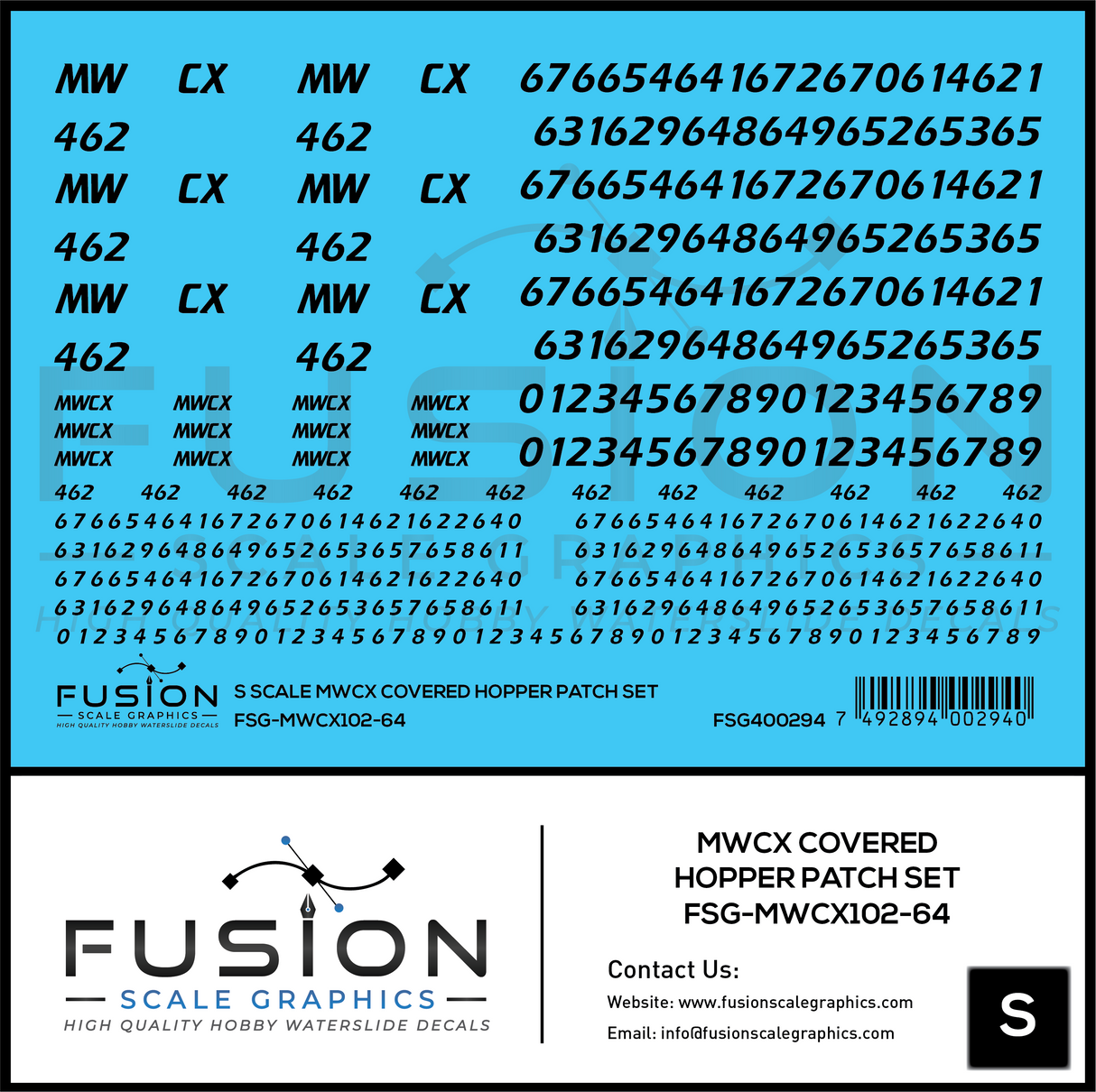 S Scale MWCX Covered Hopper Patch Set Decal Set