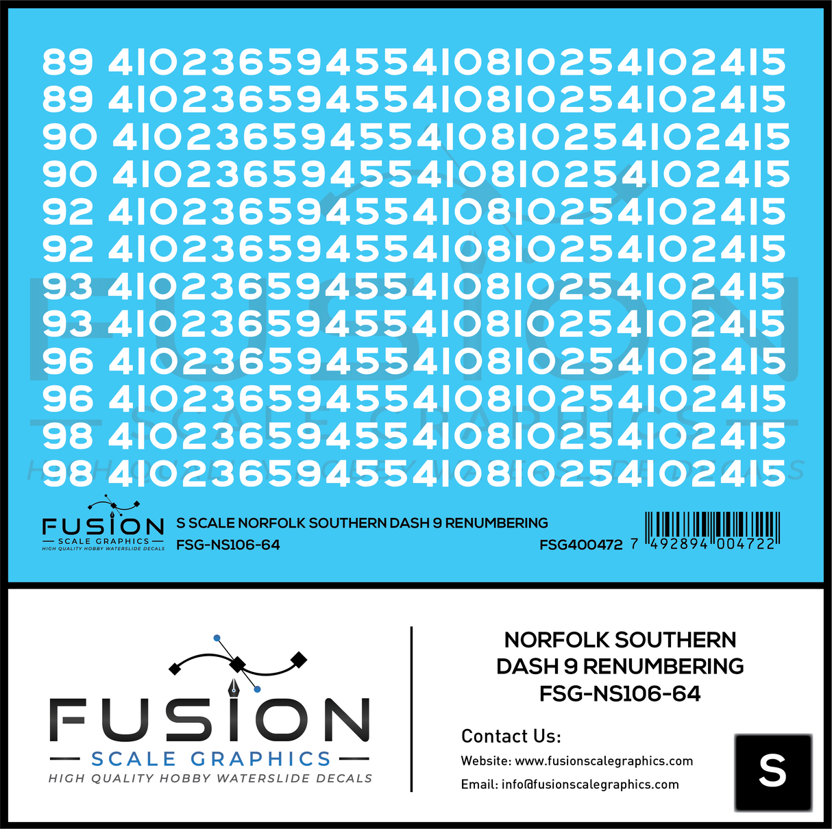 S Scale Norfolk Southern GE Dash 9 Locomotive Renumbering Decal Set