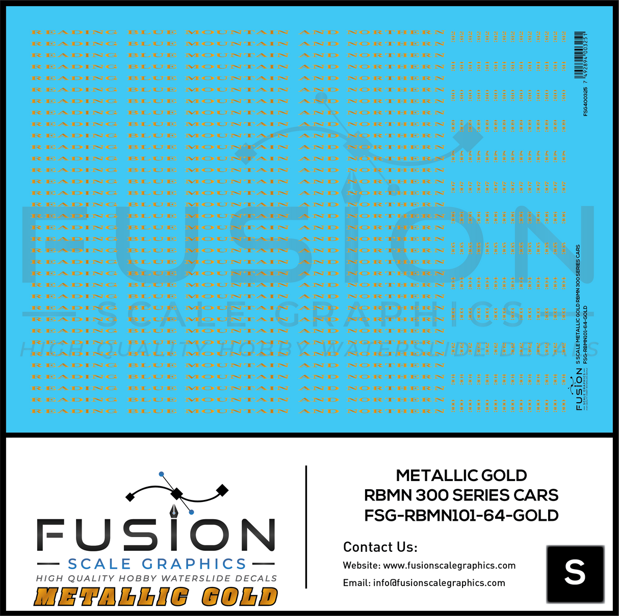 S Scale Metallic Gold Reading Blue Mountain & Northern 300 Series Passenger Cars Decal Set