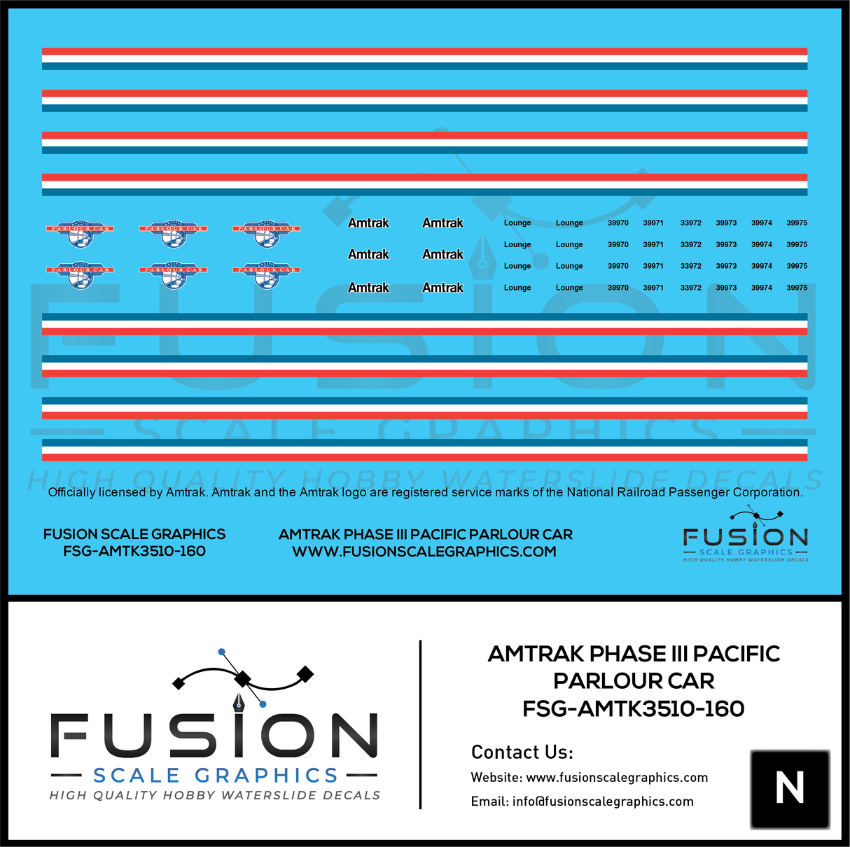 N Scale Amtrak Phase III Pacific Parlour Car Decal Set