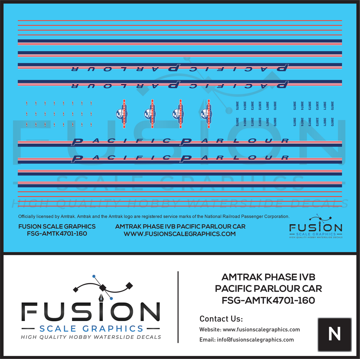 N Scale Amtrak Phase IVb Pacific Parlour Car Decal Set