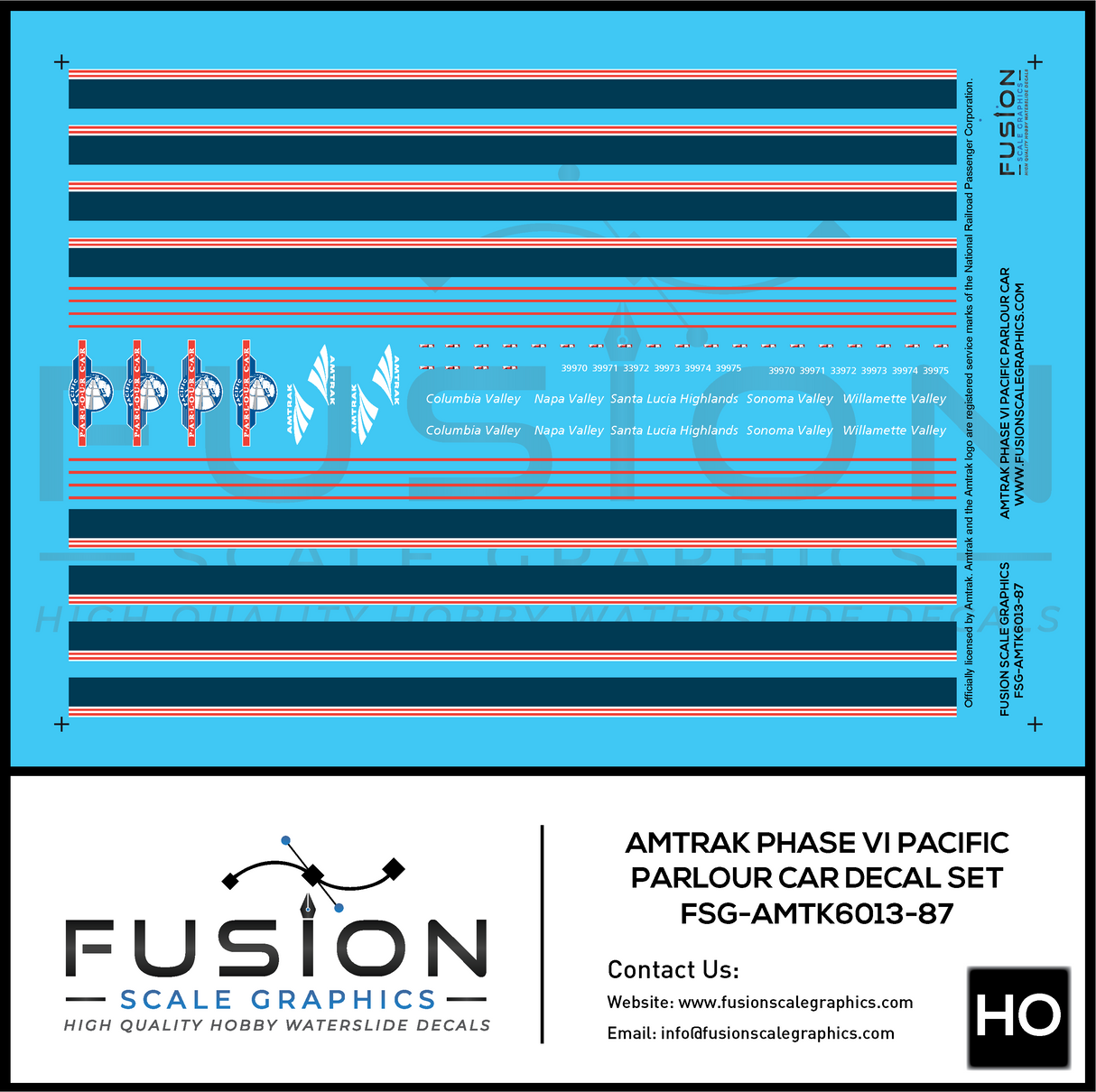 HO Scale Amtrak Phase VI Pacific Parlour Car Decal Set