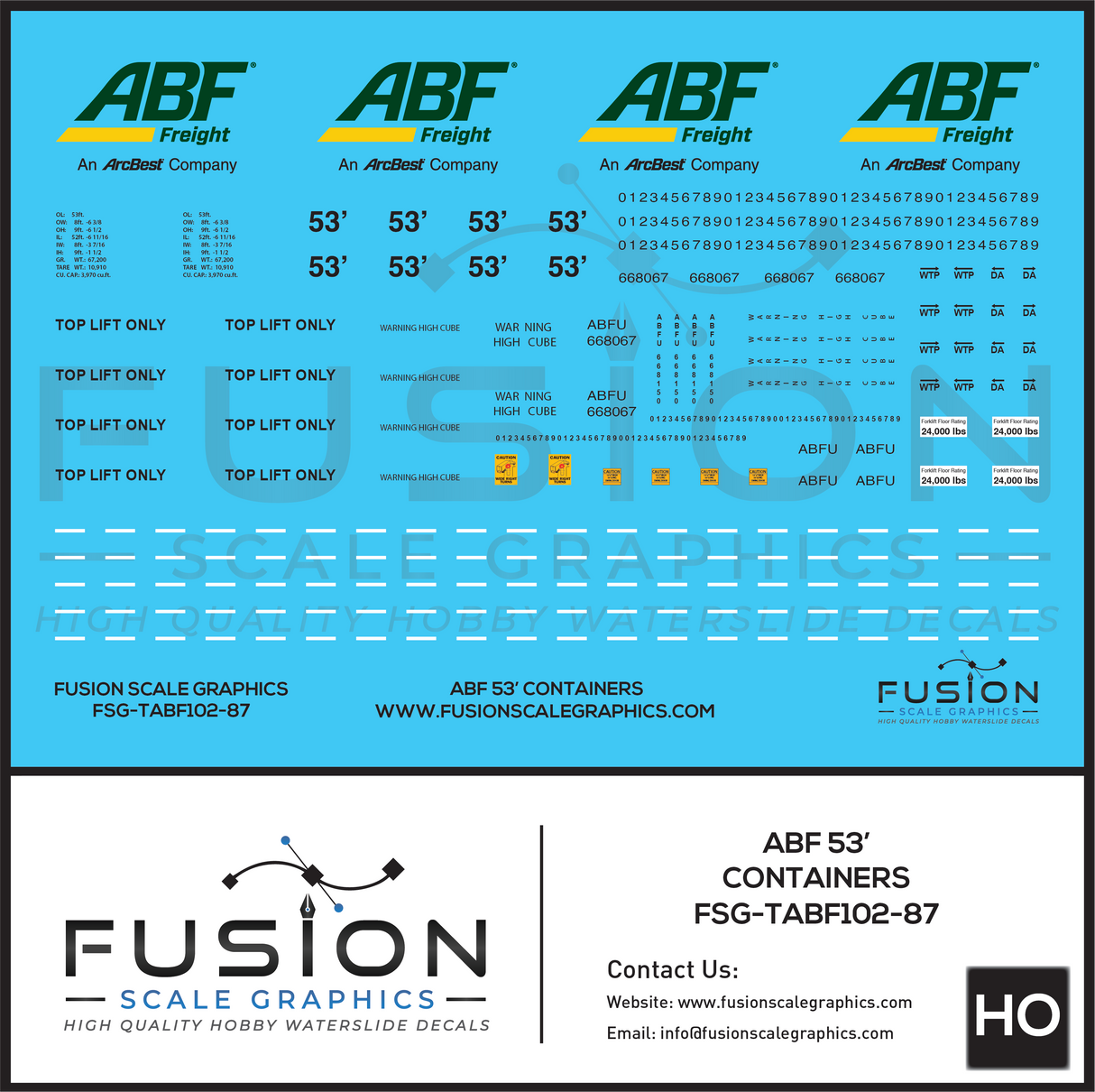 HO Scale ABF Freight Modern 53' Containers Decal Set